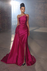 Elegant Long Mermaid One Shoulder Satin Formal Prom Dress with Slit