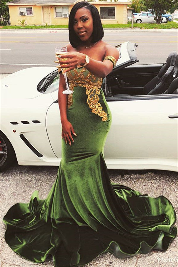 Long Off the Shoulder Velvet Appliques Mermaid Prom Dress