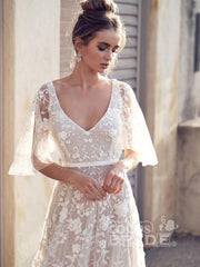 Long A-line V Neck Half Sleeves Lace Backless Boho Wedding Dresses