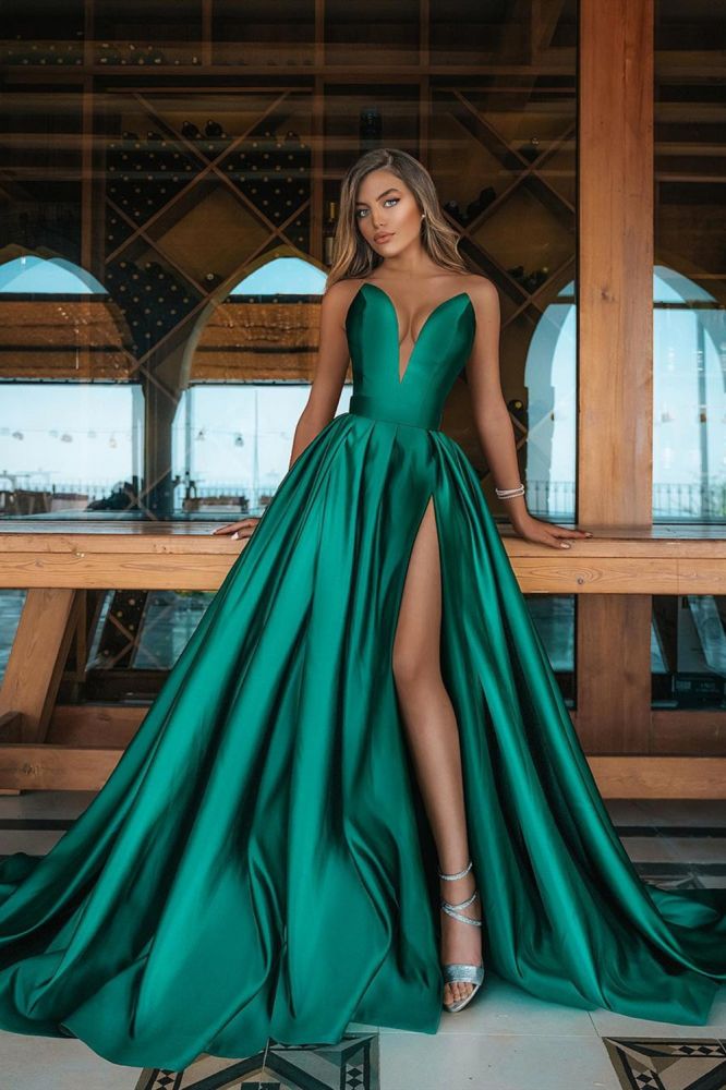 Long A-line V-neck Sleeveless Satin Prom Dress With Slit