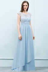 A-line Chiffon Lace Scoop Cap Sleeves Floor Length Bridesmaid Dresses