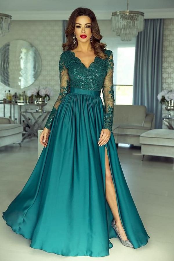 Elegant A-line V-neck Long Sleeve Appliques Lace Ruffles Prom Dress with Slit