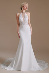 Long Mermaid Halter Backless Satin Wedding Dresses with Appliques Lace