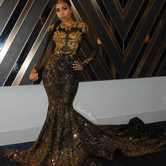Luxury Long Sleeve Gold Appliques Sequins Floor Length Mermaid Prom Dress