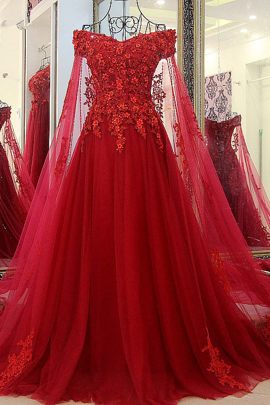 Charming Long Off the Shoulder Appliques Beading Tulle A-Line Prom Dress