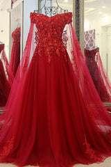 Charming Long Off the Shoulder Appliques Beading Tulle A-Line Prom Dress