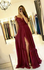 Long Off the Shoulder Lace A-Line Ruffles Prom Dress With Side Slit