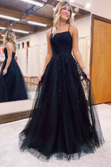 Black Long Spaghetti Straps A-Line Tulle Backless Appliques Lace Prom Dress