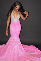 Sparkly Long Halter Deep V-neck Sequins Backless Mermaid Prom Dress