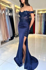 Long Mermaid Off the Shoulder Floor Length Satin Lace Prom Dresses with Slit