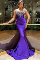 Elegant Long Mermaid Strapless Satin Beadings Formal Prom Dresses