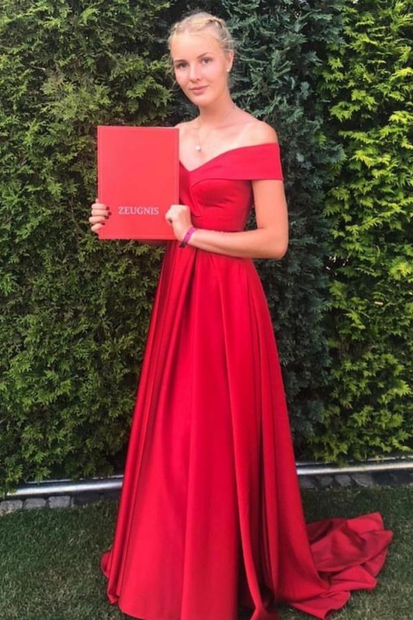 Long A-line Off the Shoulder Satin Prom Dress with Beading