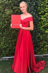 Long A-line Off the Shoulder Satin Prom Dress with Beading
