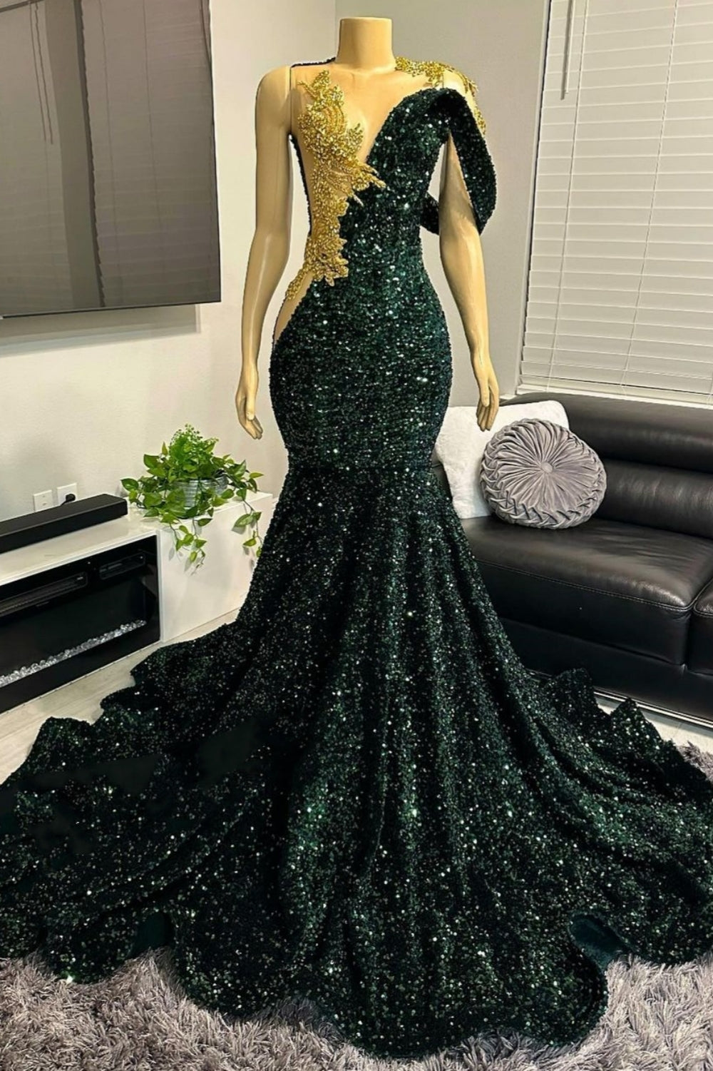 Long Mermaid Asymmetric Sequins Dark Green Prom Dress