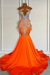 Elegant Orange Long Mermaid Beaded Satin Prom Dresses