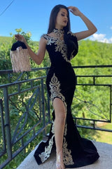 Sexy Black High Neck Appliques Lace Velvet Mermaid Formal Evening Dress With Slit