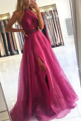 Elegant Long Halter A-Line Floor Length Tulle Prom Dress With Split