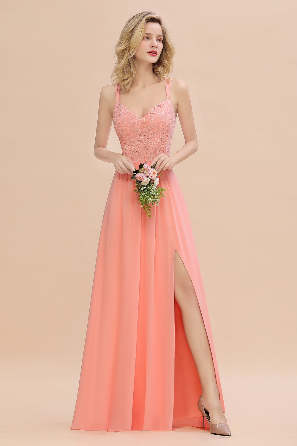Beautiful A-Line Chiffon Spaghetti Straps Sweetheart Floor Length Split Bridesmaid Dress