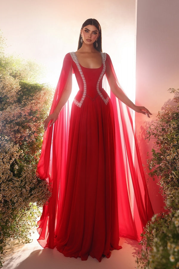 Red Sequare Neck A Line Beaded Ruched Chiffon Formal Evening Dress with Cape