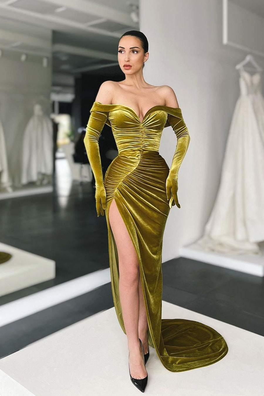 Long Mermaid Off the Shoulder Front Slit Velvet Formal Evening Dresses with Sleeves