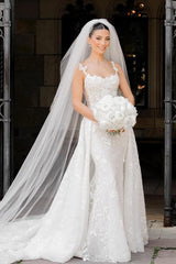 Long Mermaid Spaghetti Straps Lace Floor Length Wedding Dress with Flower