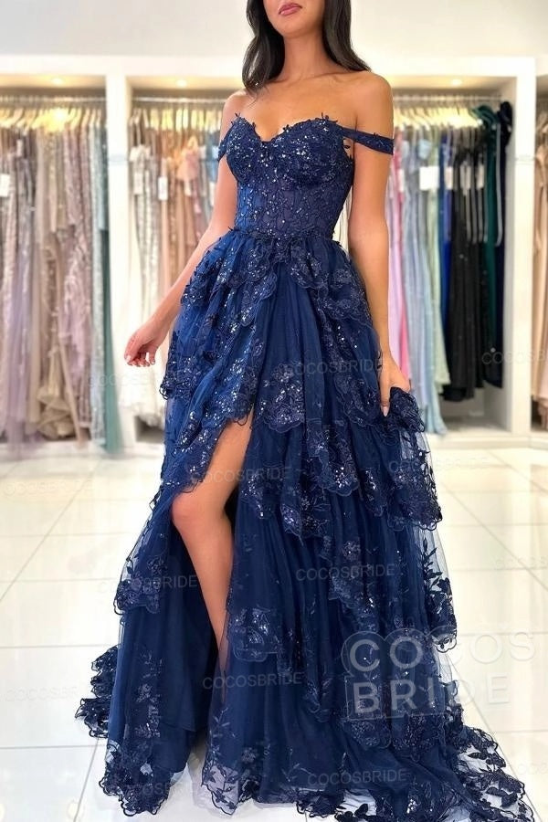 Off The Shoulder Sweetheart Lace A-Line Long Prom Dress with Slit