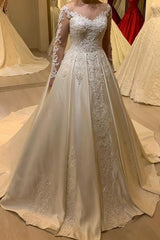 Elegant Long A-Line Sweetheart Appliques Lace Satin Wedding Dress	 with Long Sleeve