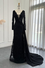 Black Long Sleeves Mermaid V-Neck Lace Formal Evening Dress with Sweep Train