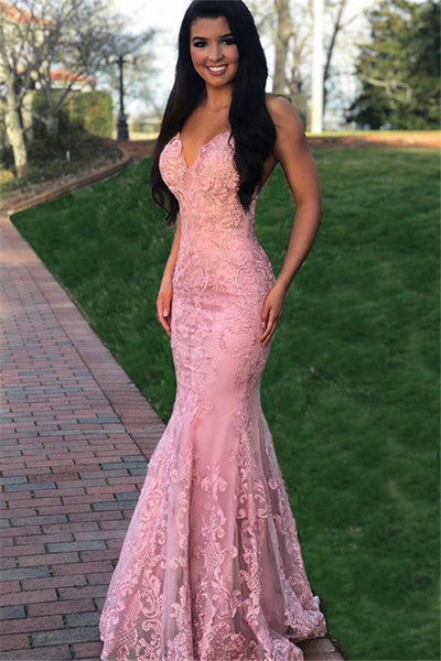 Long Mermaid V-neck Spaghetti Straps Lace Backless Prom Dress