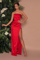 Sexy Long Mermaid Strapless Satin Formal Prom Dress with Slit