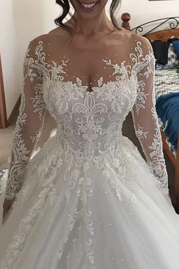 Gorgeous Long A-line Sweetheart Tulle Wedding Dresses with Sleeves
