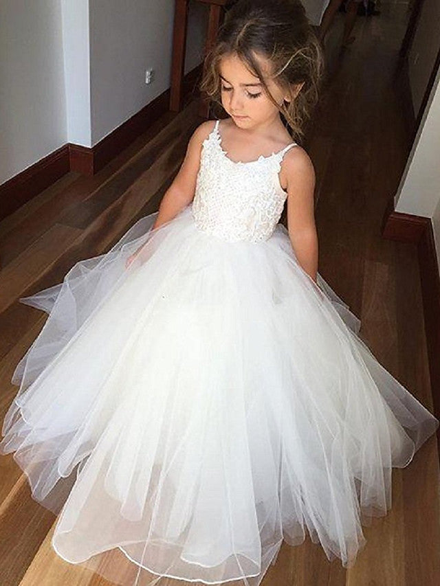 Long A-line Sleeveless Jewel Neck Tulle Lace Ivory Flower Girl Dresses