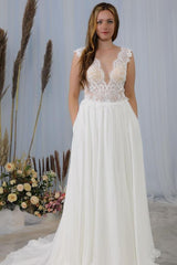 Elegant Long V-neck Wide Straps Backless Appliques Lace Chiffon Wedding Dress	 with Pockets