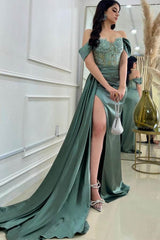Long Off The Shoulder Sweetheart Mermaid Prom Dress with Slit