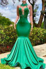 Charming Long Mermaid Halter Satin Lace Backless Prom Dress
