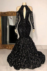 Gorgeous Black Long Mermaid Halter Formal Prom Dress with Sleeves