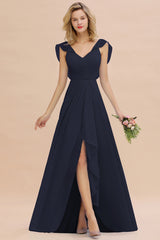 Simple High Low A-line V-Neck Ruffles Chiffon Dark Navy Bridesmaid Dress