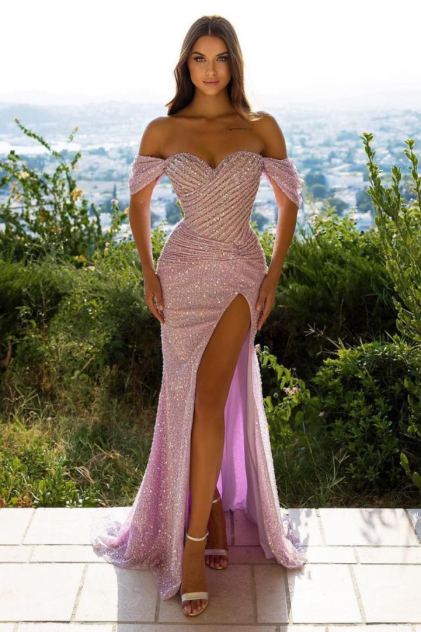 Gorgeous Long Mermaid Off the Shoulder Glitter Prom Dress with Slit