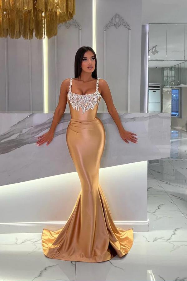 Champagne Long Mermaid Square Neckline Sequined Beading Prom Dresses