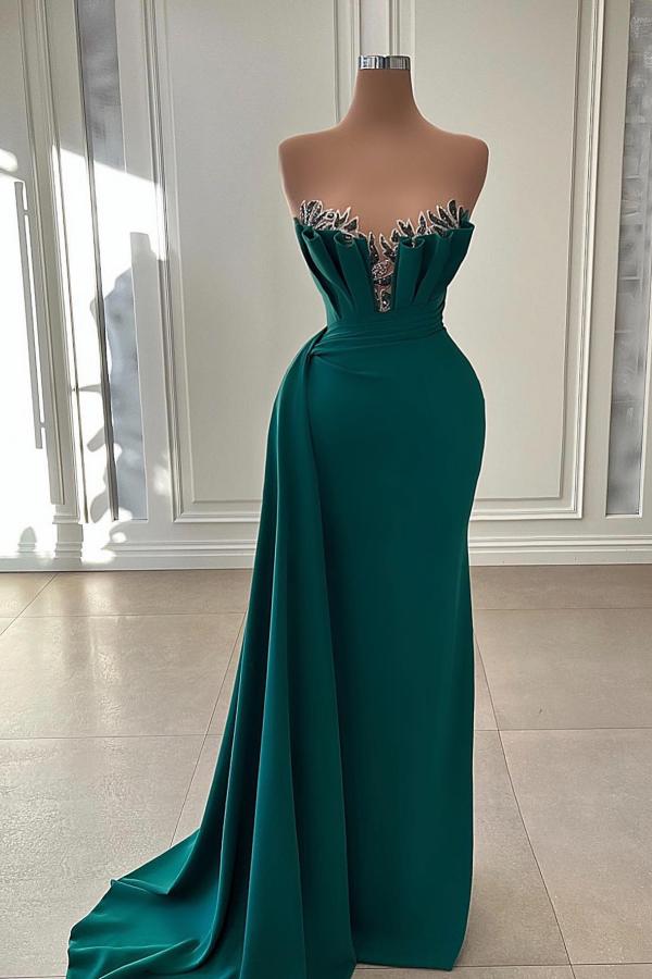 Elegant Long Mermaid Strapless Floor Length Sleeveless Satin Prom Dress with Ruffles