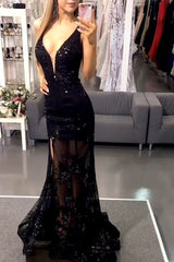 Long Black V-neck Beading Floor Length Mermaid Prom Dress With Side Slit