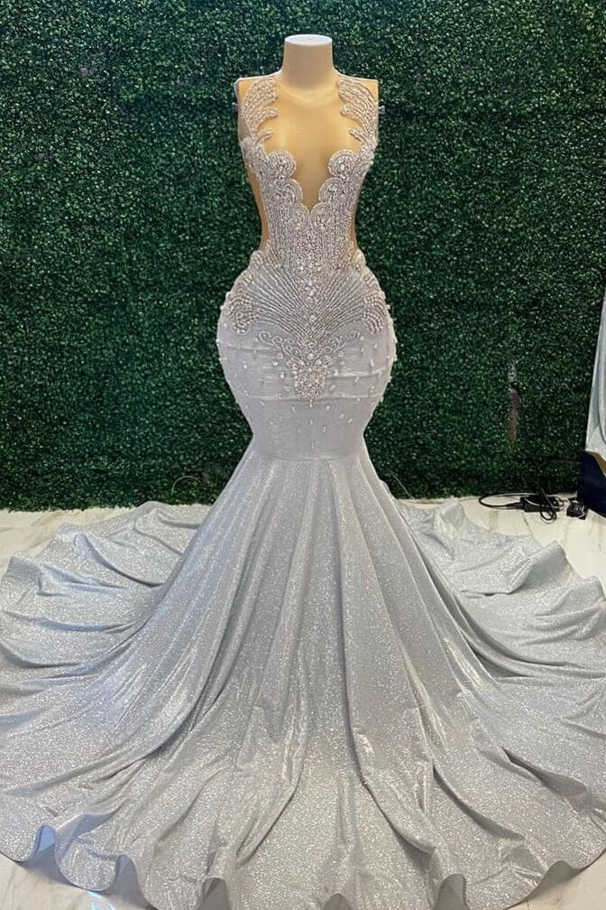 Sparkle Long V-Neck Beads Mermaid Prom Dress with Appliques Lace