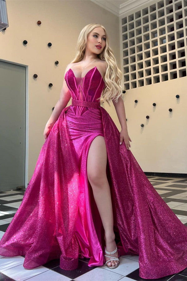 Sparkle Strapless Long Sweetheart Mermaid Split Prom Dress with Detachable Train