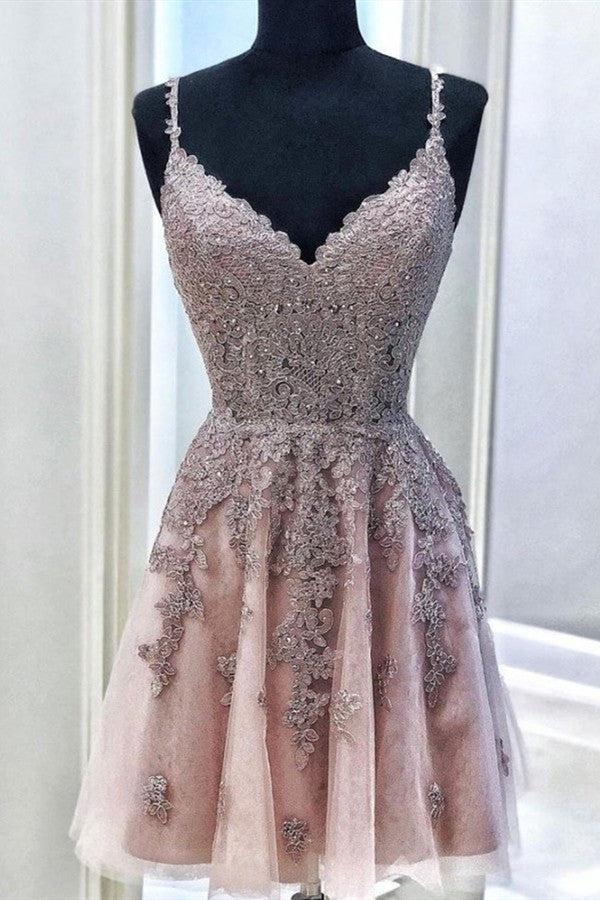 Short A-line V Neck Sleeveless Tulle Lace Homecoming Dress