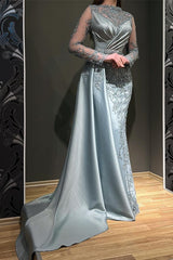 Long Mermaid Jewel Satin Appliques Lace Formal Evening Dress with Sleeves