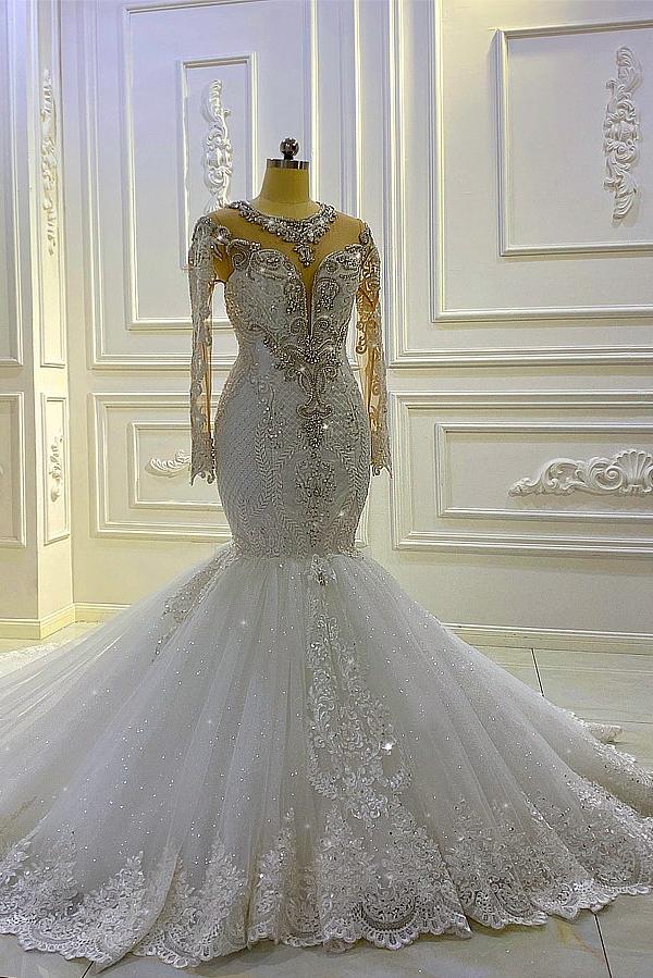 Vintage Bateau Long Sleeve Appliques Lace Beading Sequins Mermaid Wedding Dress