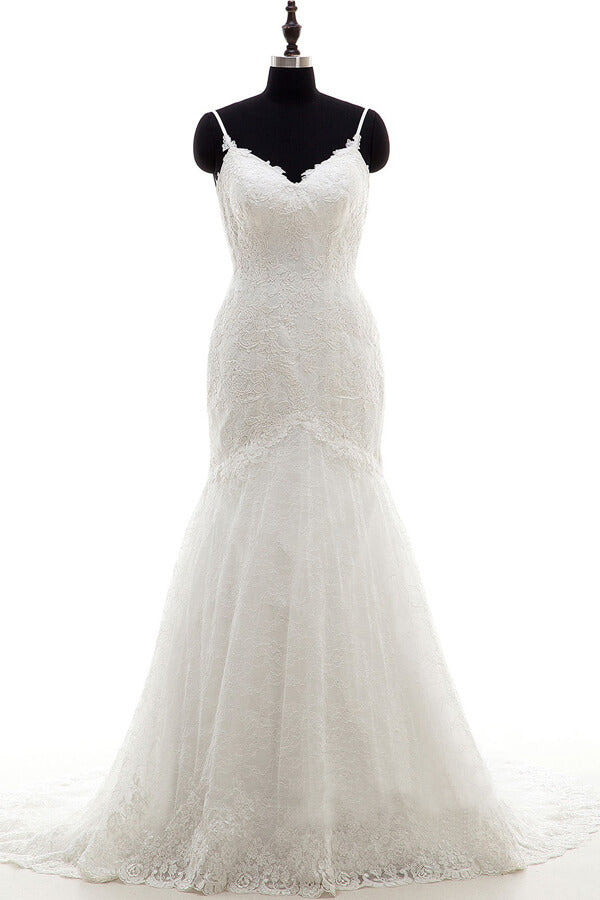 Long Sweetheart Appliques Spaghetti Strap Mermaid Wedding Dress