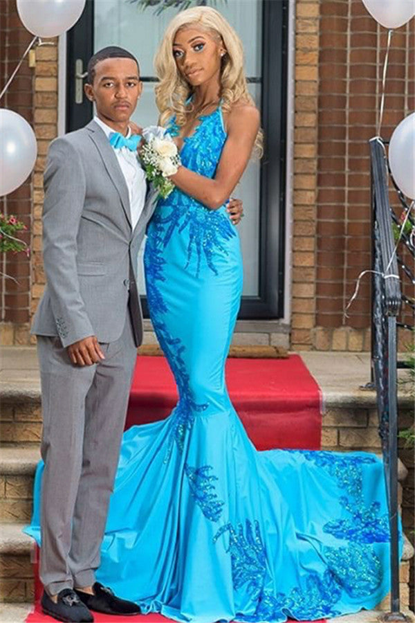 Long V-neck Halter Appliques Lace Satin Mermaid Prom Dress