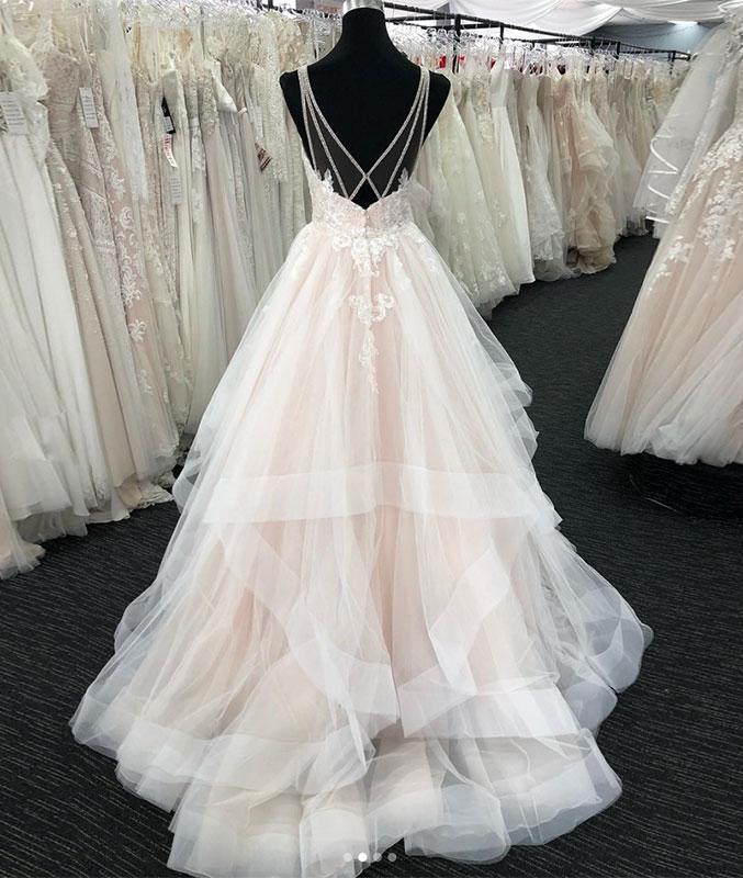 Long A-line Tulle V Neck Open Back Long Layered Wedding Dress