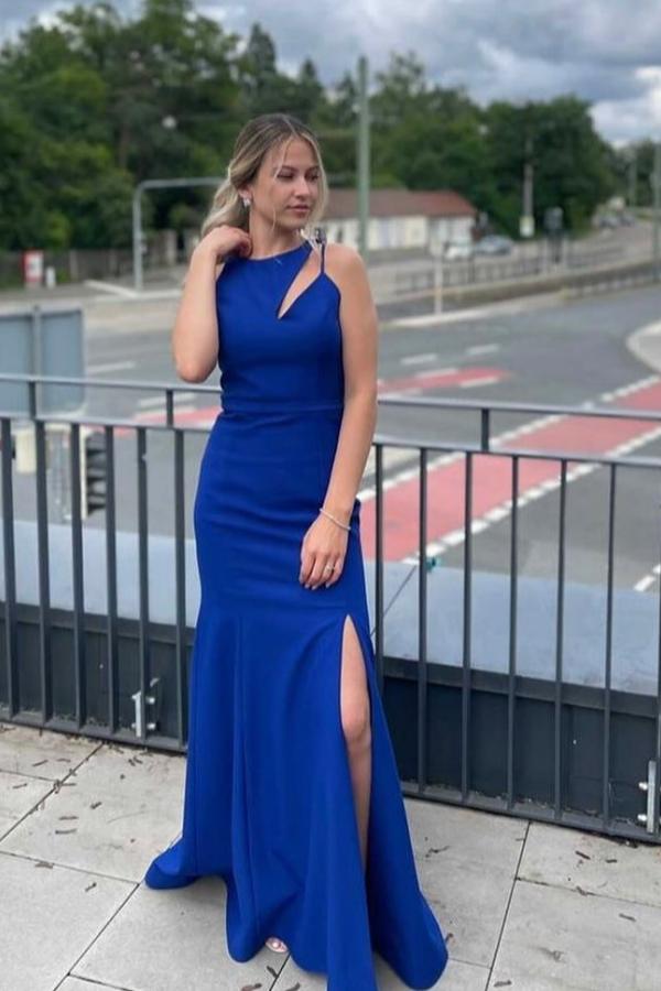 Simple Long Mermaid Satin Prom Dress with Slit
